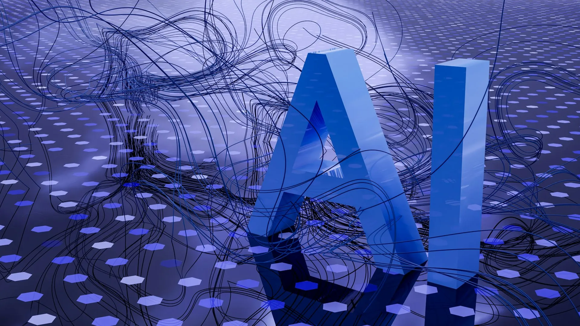Lettres « AI » en relief sur un réseau de circuits lumineux